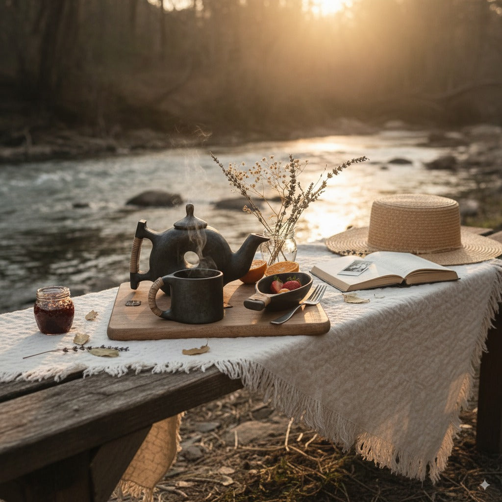 Table setting with teapot, mug, and snacks by a river at sunset