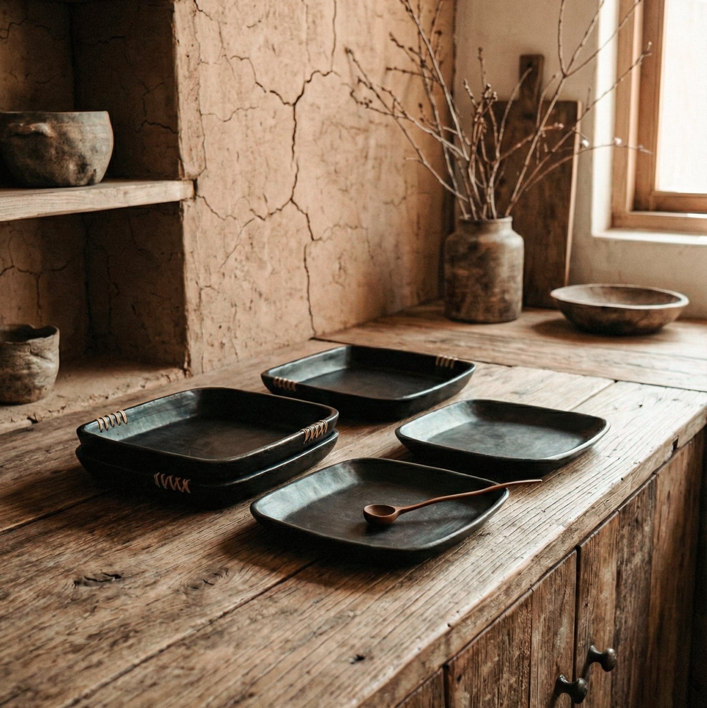 Rustic kitchen with wooden shelves and stone wall, featuring black ceramic plates.
