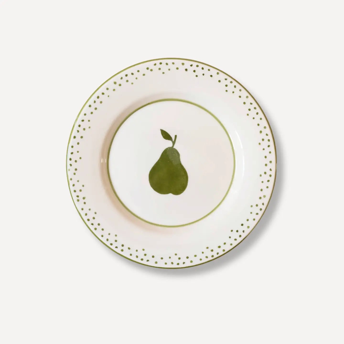 Hand-painted ceramic dessert plate with green pear motif by Raquel Souza, Portugal