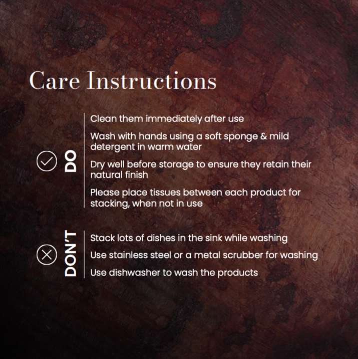 Care instructions for a product displayed on a wooden surface