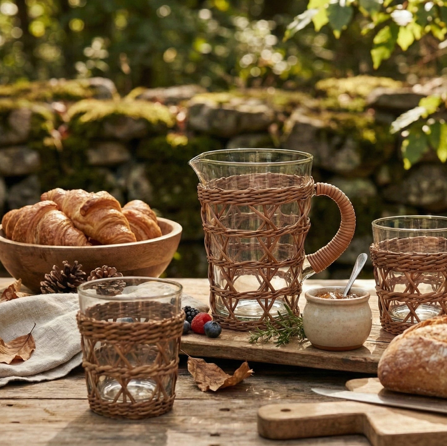 Multiple Cỏ Tumblers with seagrass sleeves showing natural weave variations and recycled glass clarity