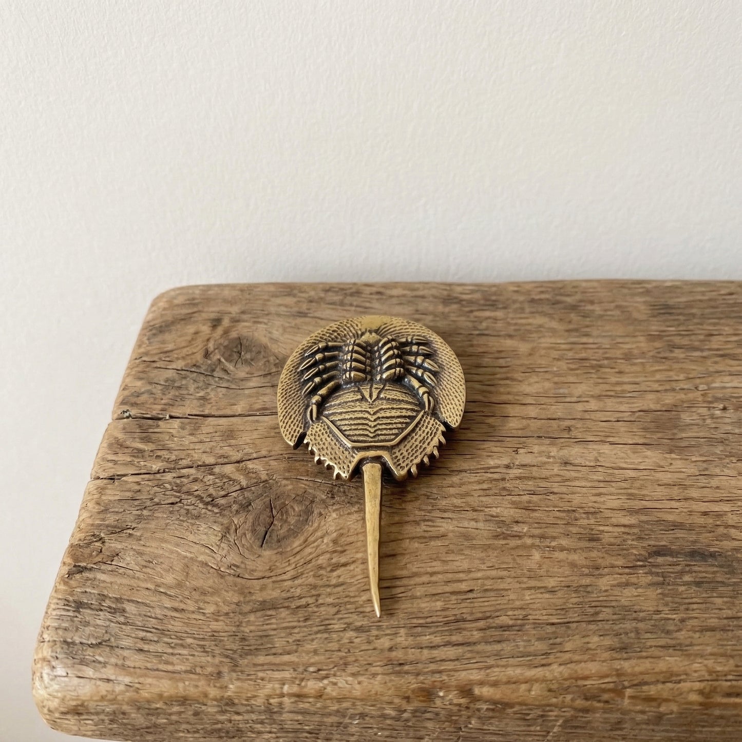 The Eternal Voyager miniature brass horseshoe crab showing underside detail and patina against a neutral background