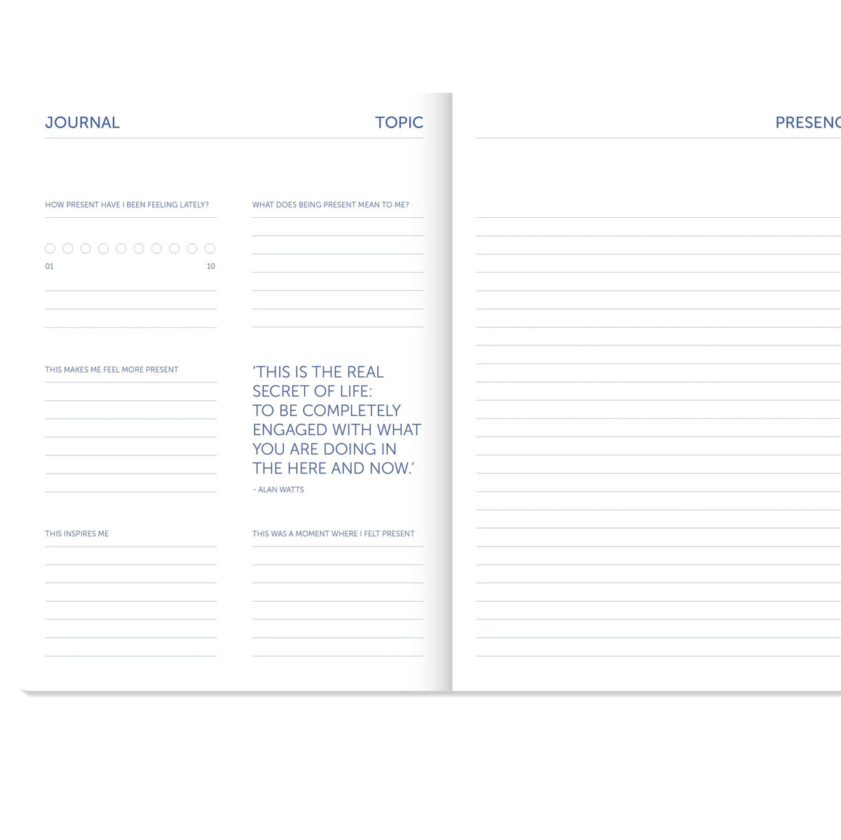 Open journal showing a guided reflection spread on presence, with a 1-to-10 rating scale, writing prompts, a printed quotation and a full lined page