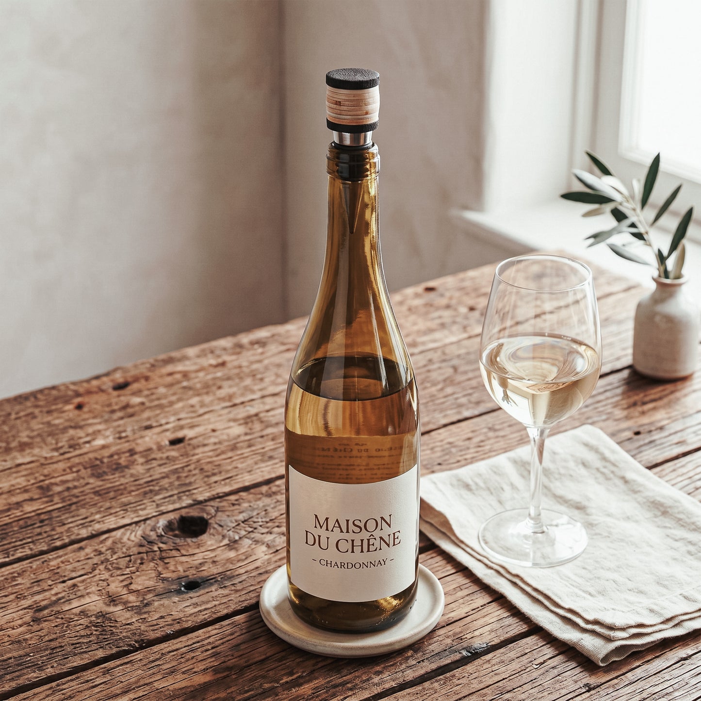 The Rattan Bottle Stopper seated in a white wine bottle on a rustic wood table, showing its compact size in use