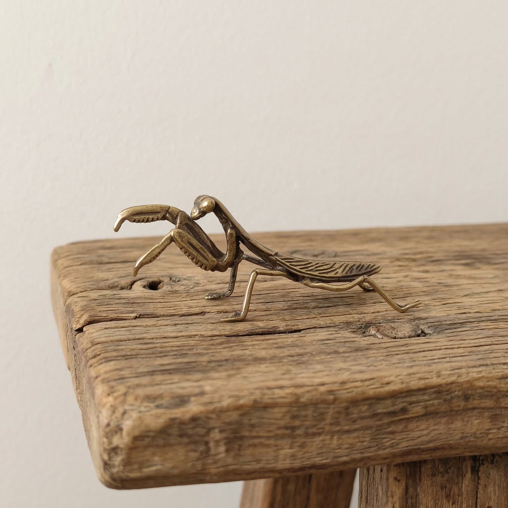 The Still Hunter miniature brass praying mantis on a wooden surface, showing folded forelegs and warm aged patina, from the WILLAGE Tiny Objects collection
