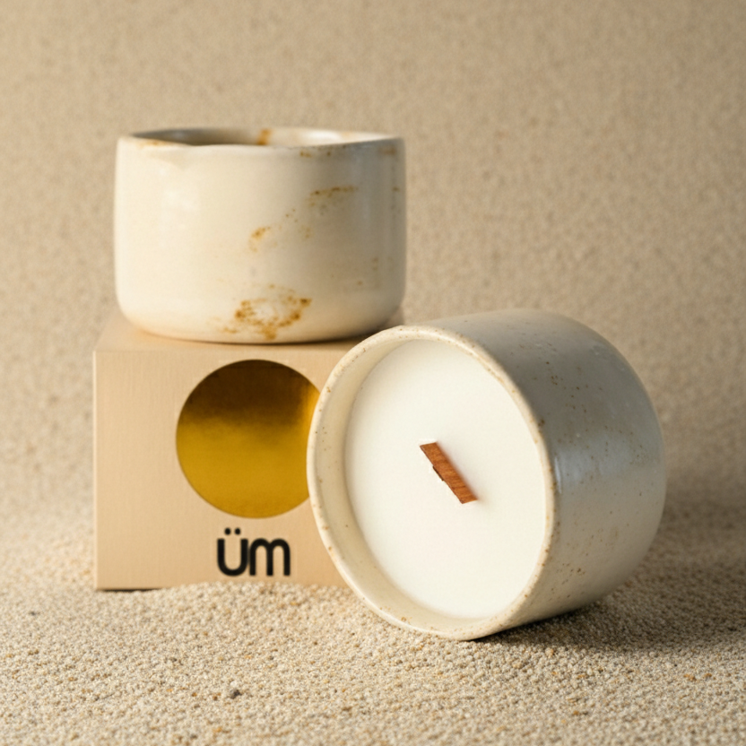 Hand-poured soy wax candle in wheel-thrown stoneware mug showing natural glaze and üm maker's mark, handmade in Southern Spain, from WILLAGE