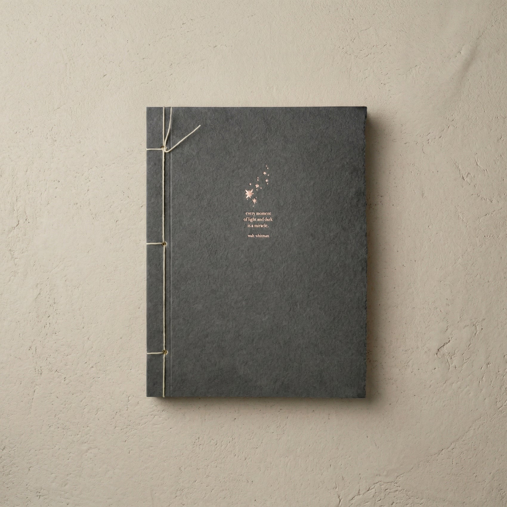 Walt Whitman Inspiration Journal in charcoal recycled cotton with copper foil stars and Japanese stab binding
