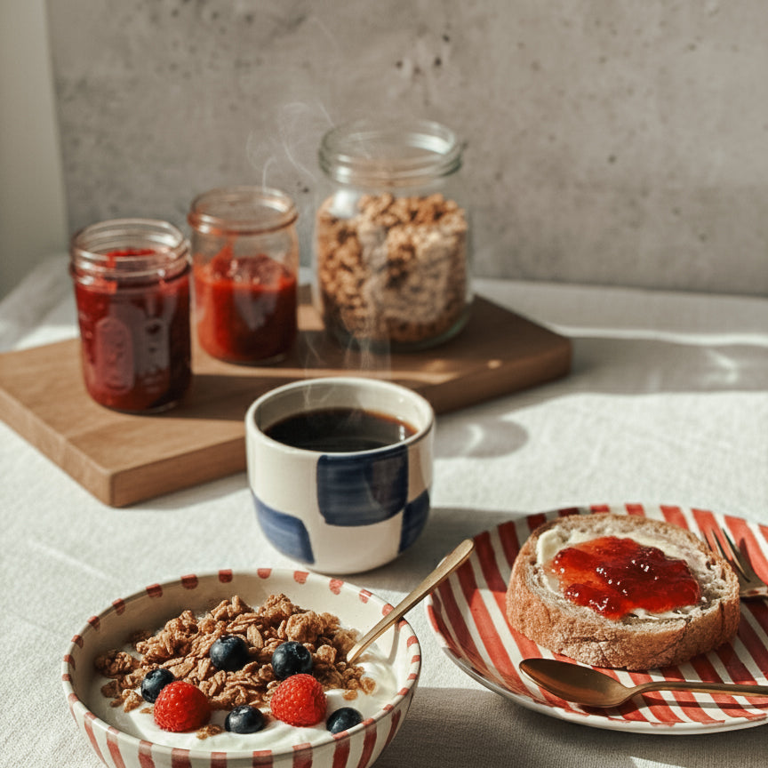 Breakfast setting with a bowl of cereal, coffee, and bread with jam on a tablecloth.