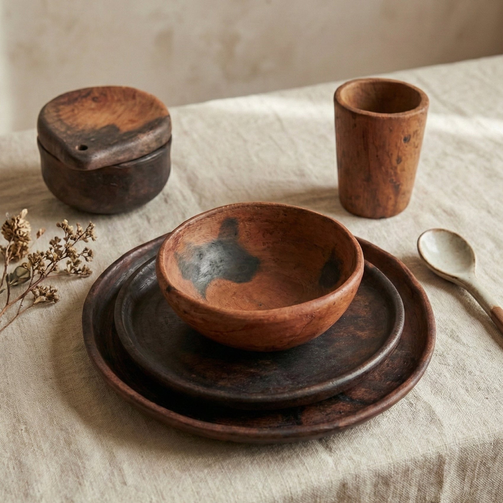 Set of rustic HANDMADE CLAY bowls and a cup on a textured surface with a neutral background