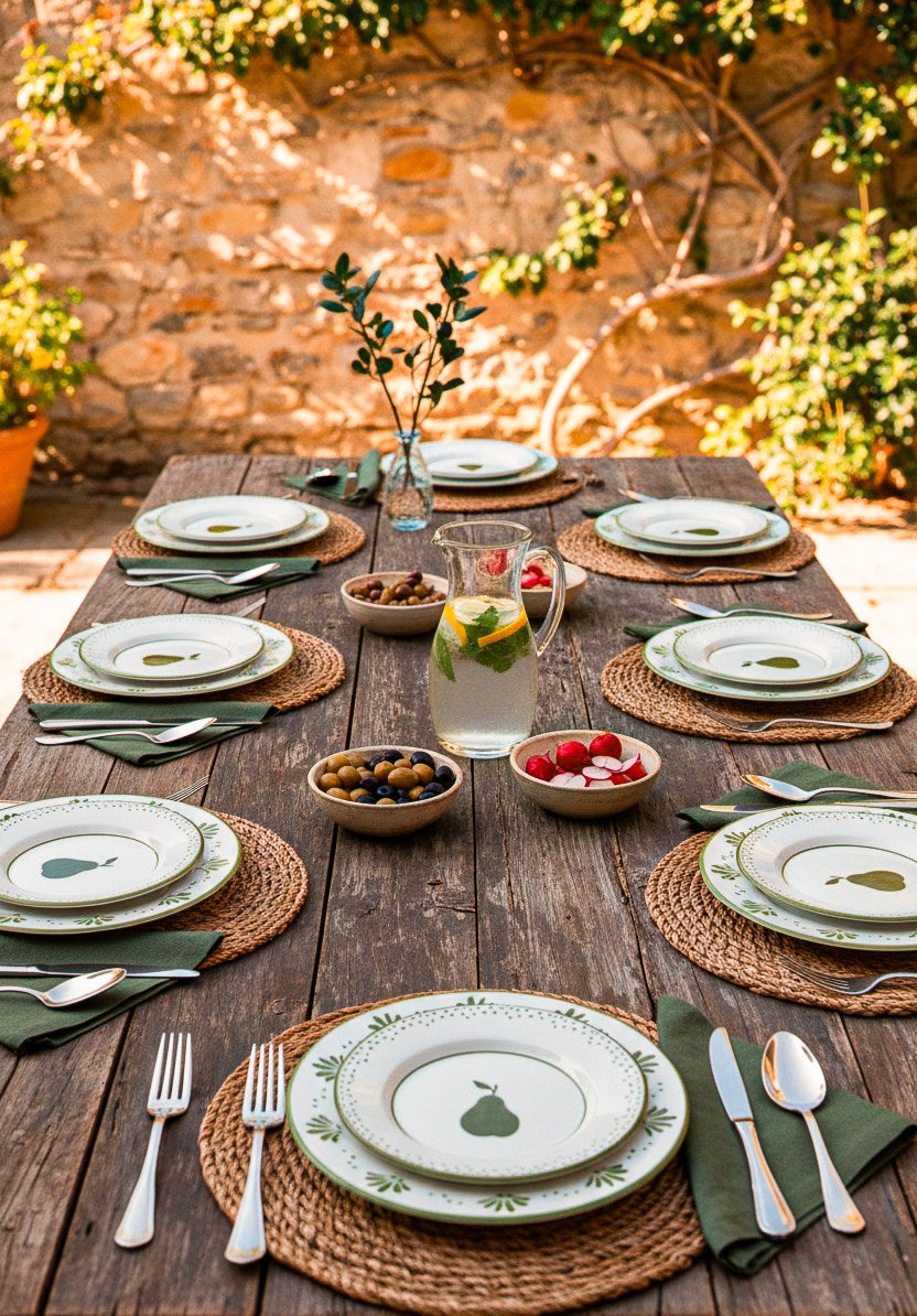 Outdoor table setting with ceramic green plates, glasses, and cutlery on a wooden table against a stone wall. Hand painted 