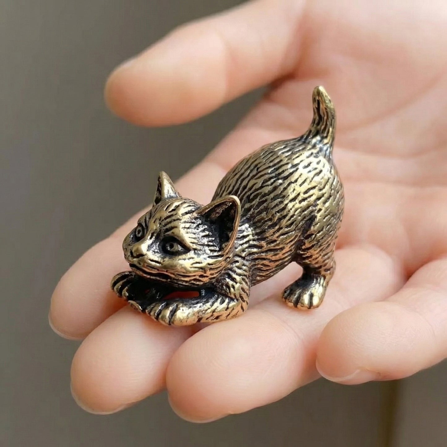 The Small Guardian- Miniature Brass Kitten Object