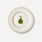 Hand-painted ceramic dessert plate with green pear motif by Raquel Souza, Portugal