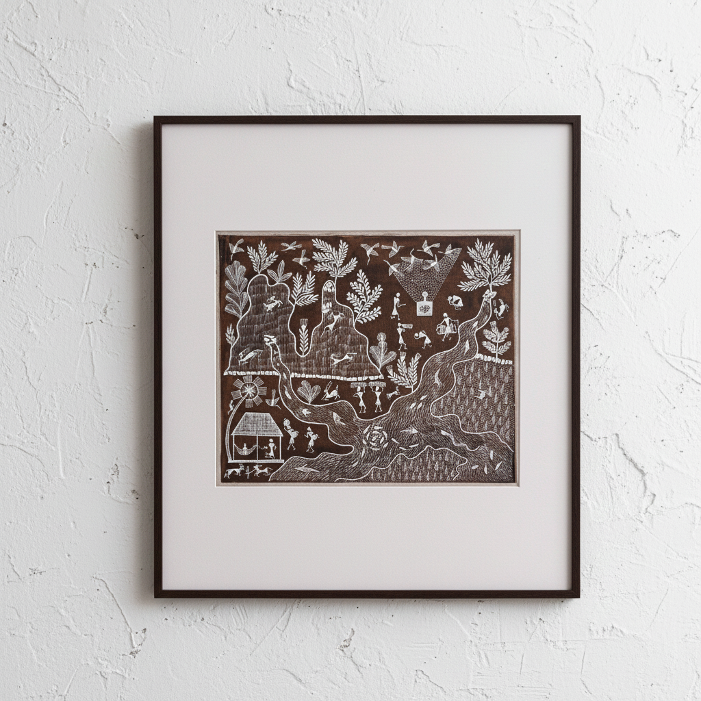 Framed artwork with a detailed design on a textured white wall