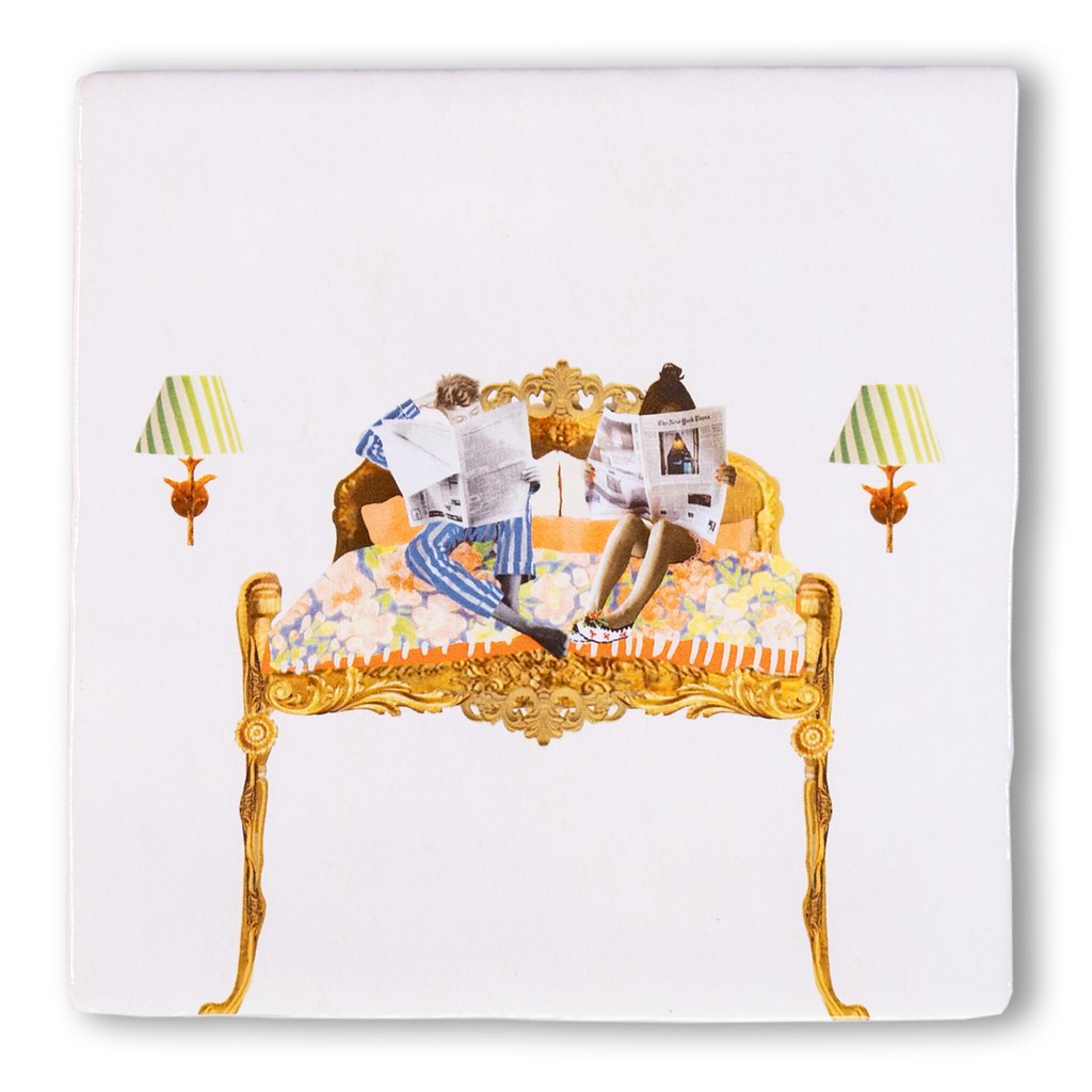 Best Beginning of the Day Storytile close-up showing illustration of a person reading morning papers in an ornate gilded bed, hand-baked ceramic by Marga van Oers