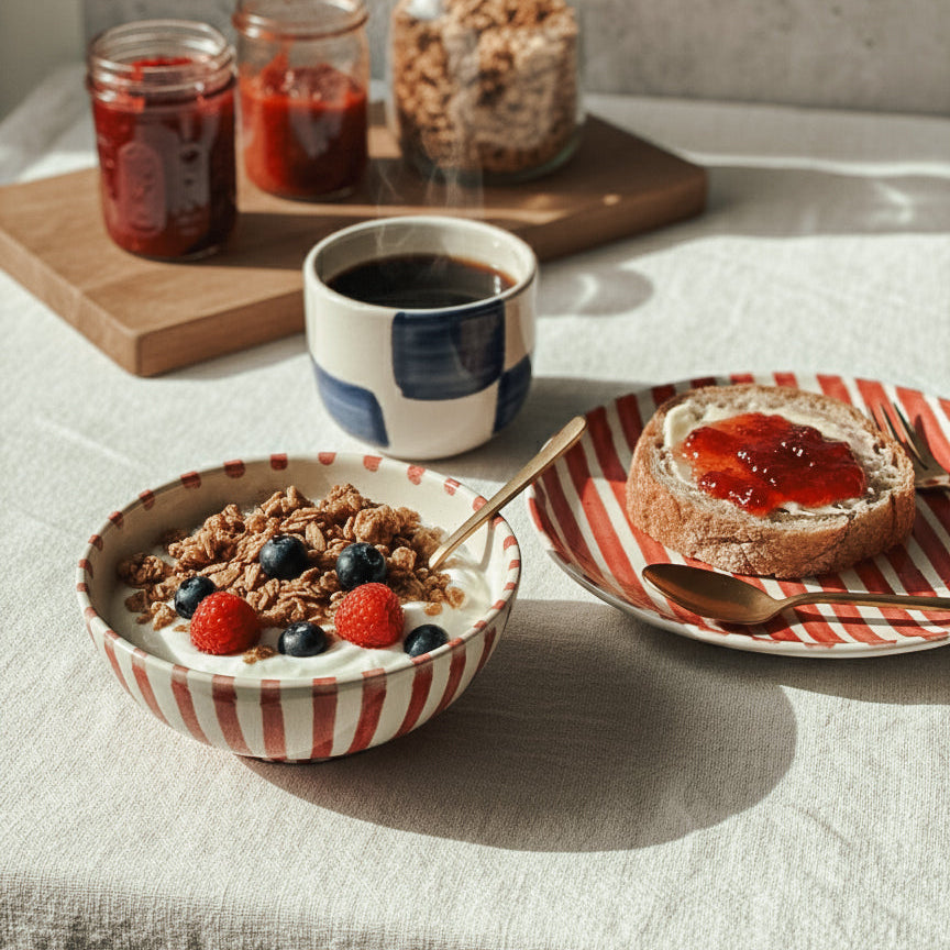 Red striped ceramic breakfast bowl styled with fresh blueberries on an outdoor table, handcrafted by Club Bonheur Belgium