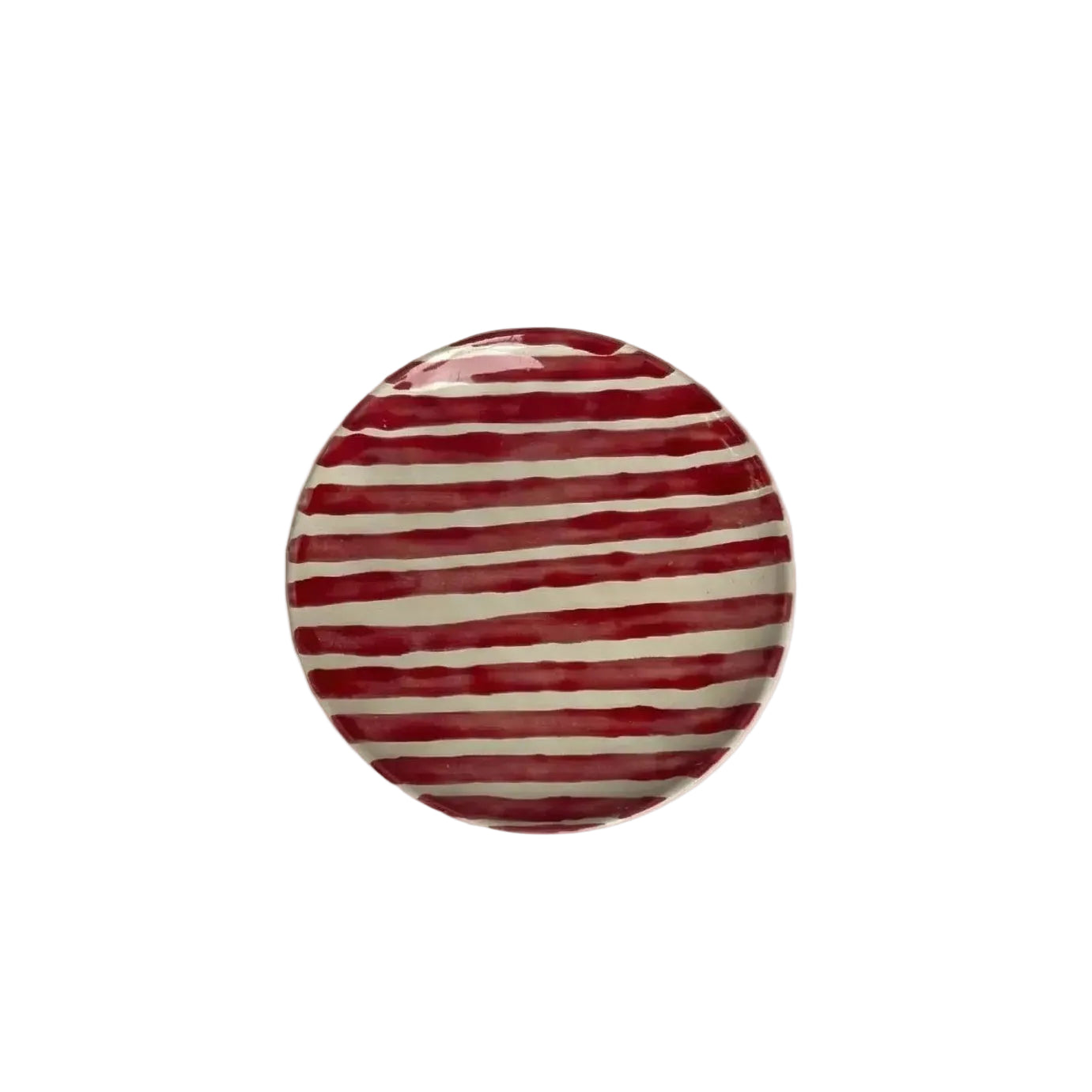Hand-painted red striped earthenware breakfast plate, hand-shaped and hand-painted by Club Bonheur in Belgium, from WILLAGE