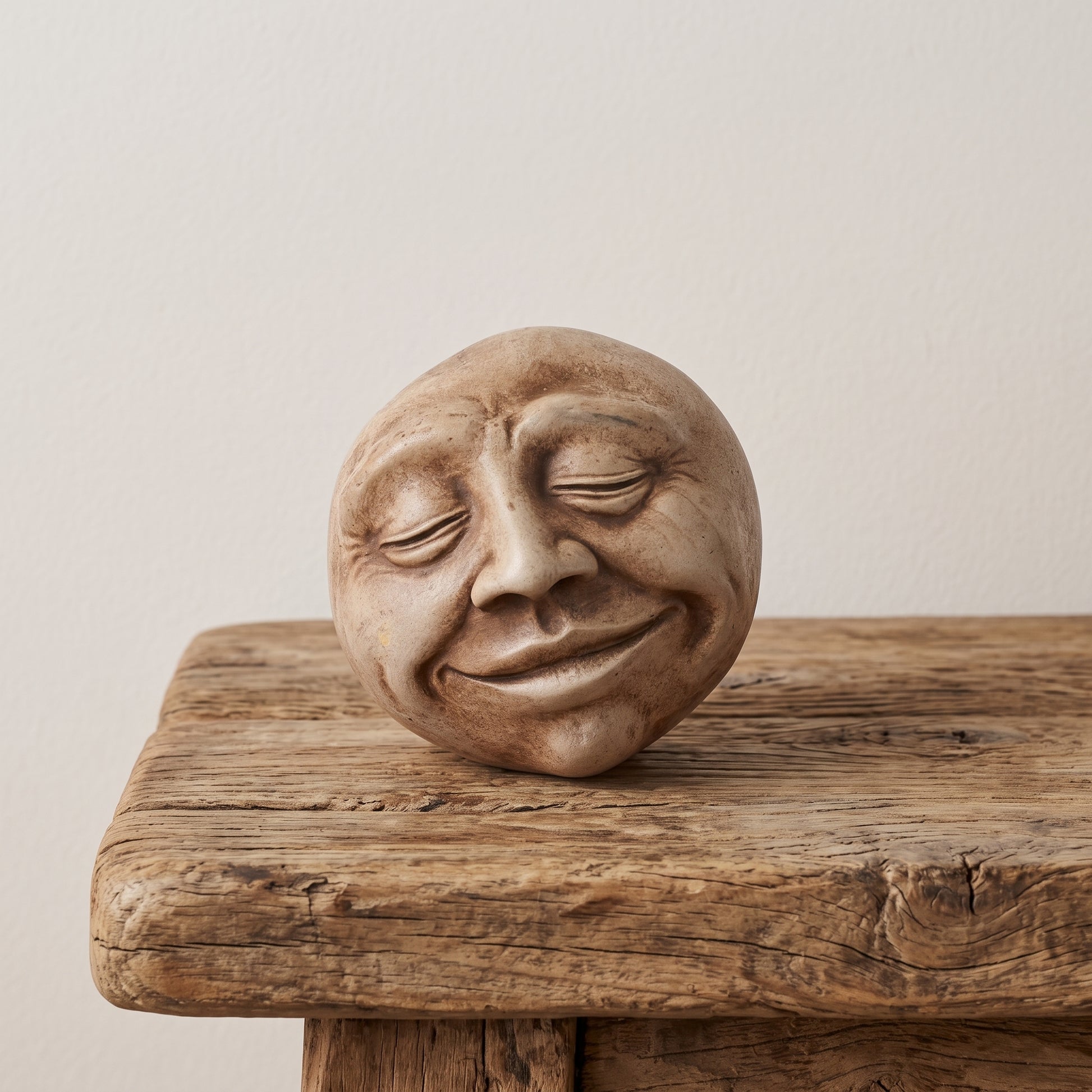 Palm-sized concrete sculpture of a head with eyes closed and mouth open as if Glow Stone , matte stone finish, on a white background