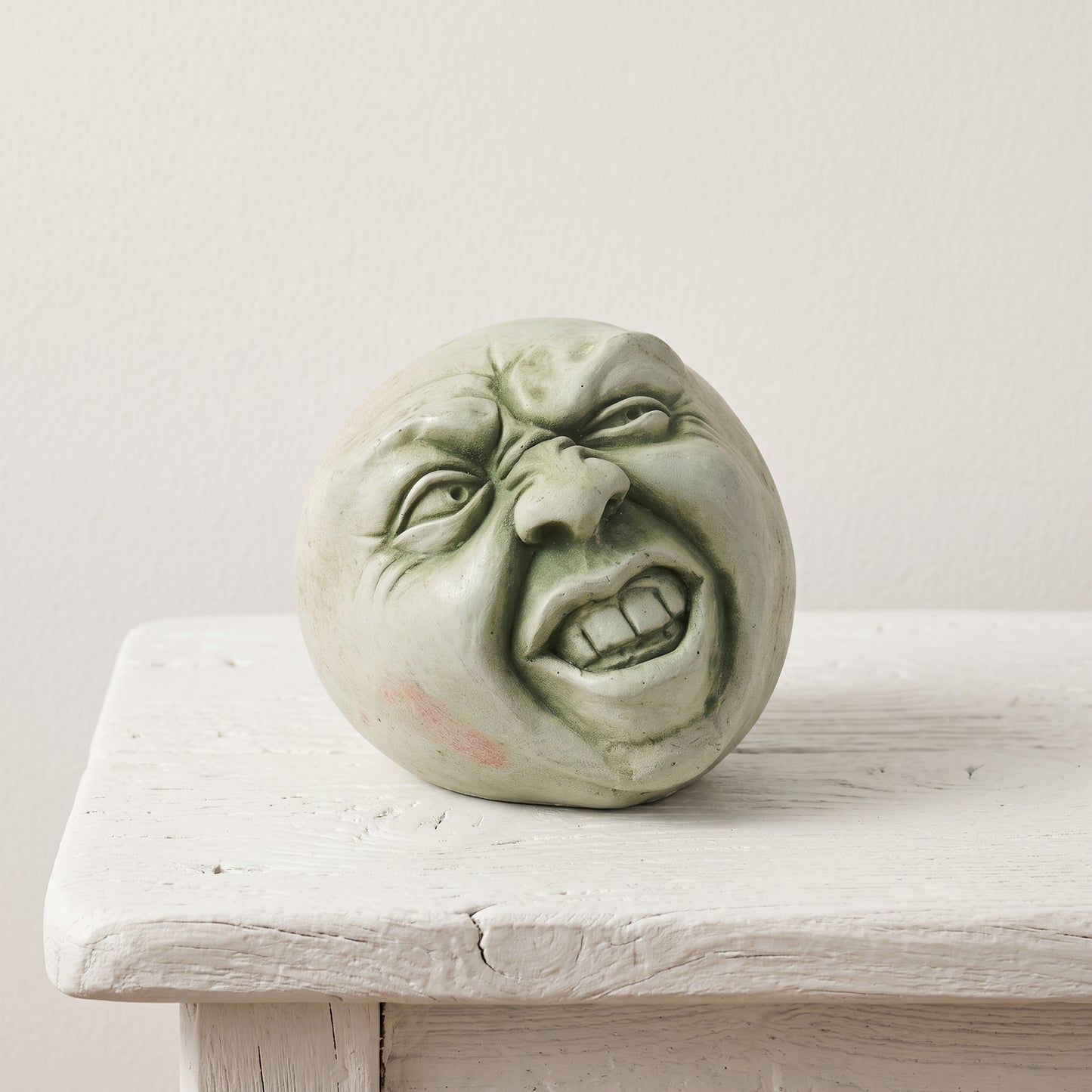 Palm-sized concrete sculpture of a head with eyes closed and mouth open as if singing, matte stone finish, on a white background
