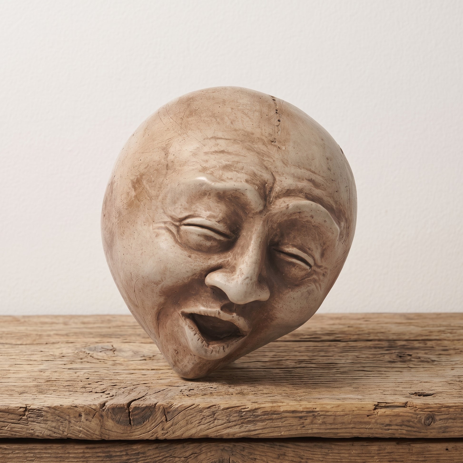 Palm-sized concrete sculpture of a head with eyes closed and mouth open as if singing, matte stone finish, on a white background