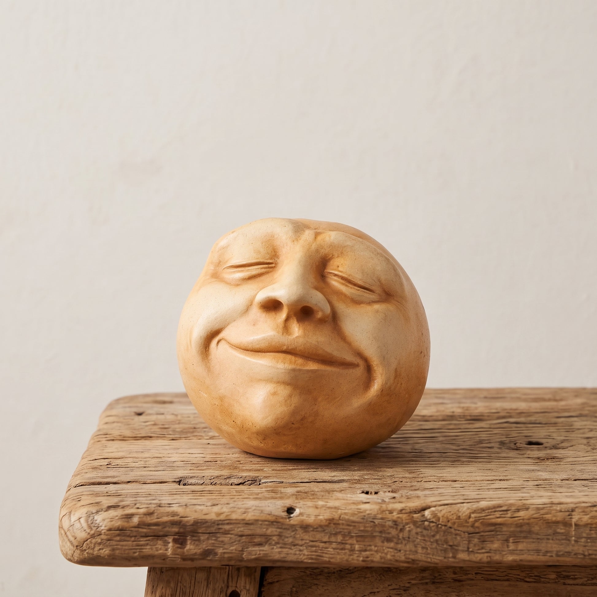Palm-sized concrete sculpture of a head with eyes closed and mouth open as if singing, matte stone finish, on a white background _Lemon Yellow