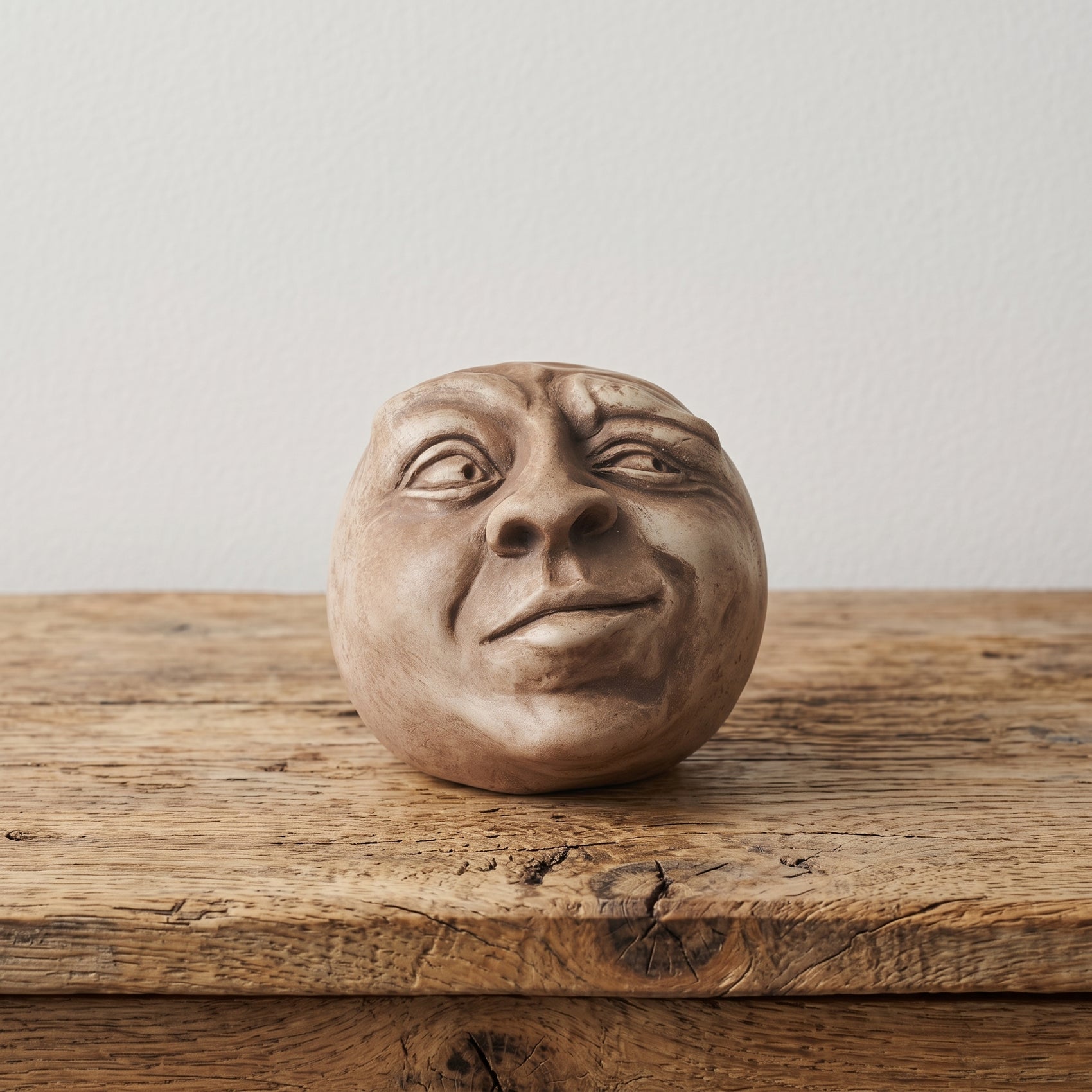 Palm-sized concrete sculpture of a head with eyes closed and mouth open as if singing, matte stone finish, on a white background- Thinking 