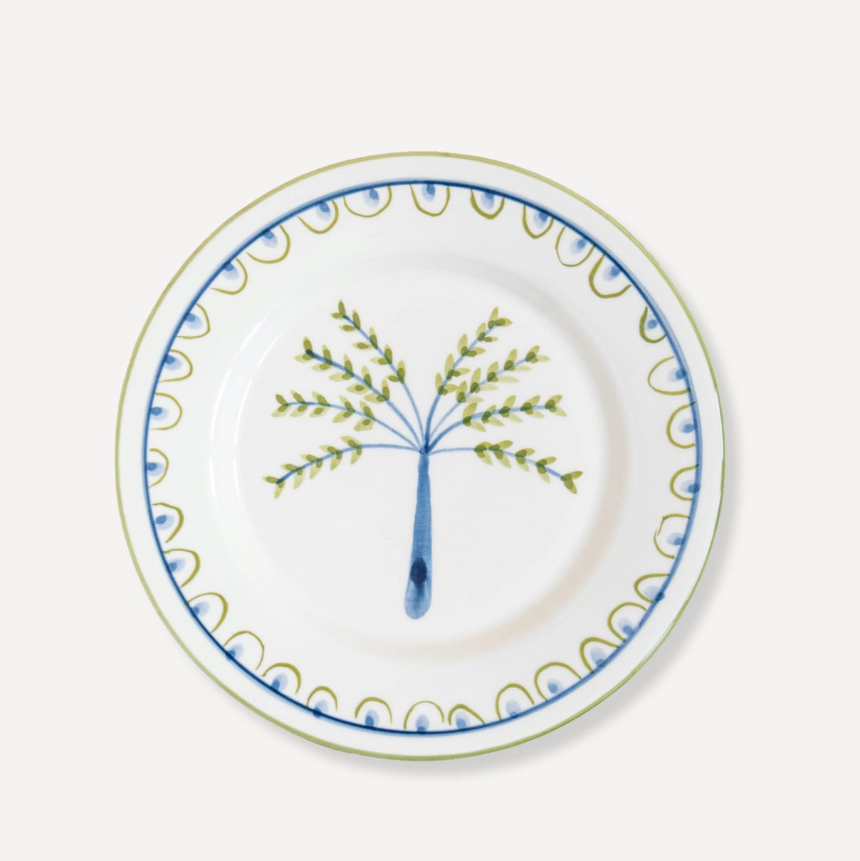 Coqueiro hand-painted ceramic dessert plate with coconut tree motif, handcrafted by Raquel Souza in Portugal, from WILLAGE