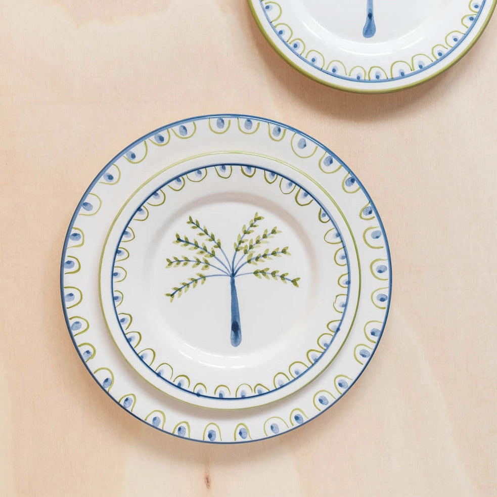 Coqueiro dessert plate shown with matching Coconut dinner plate, hand-painted Portuguese ceramic tableware
