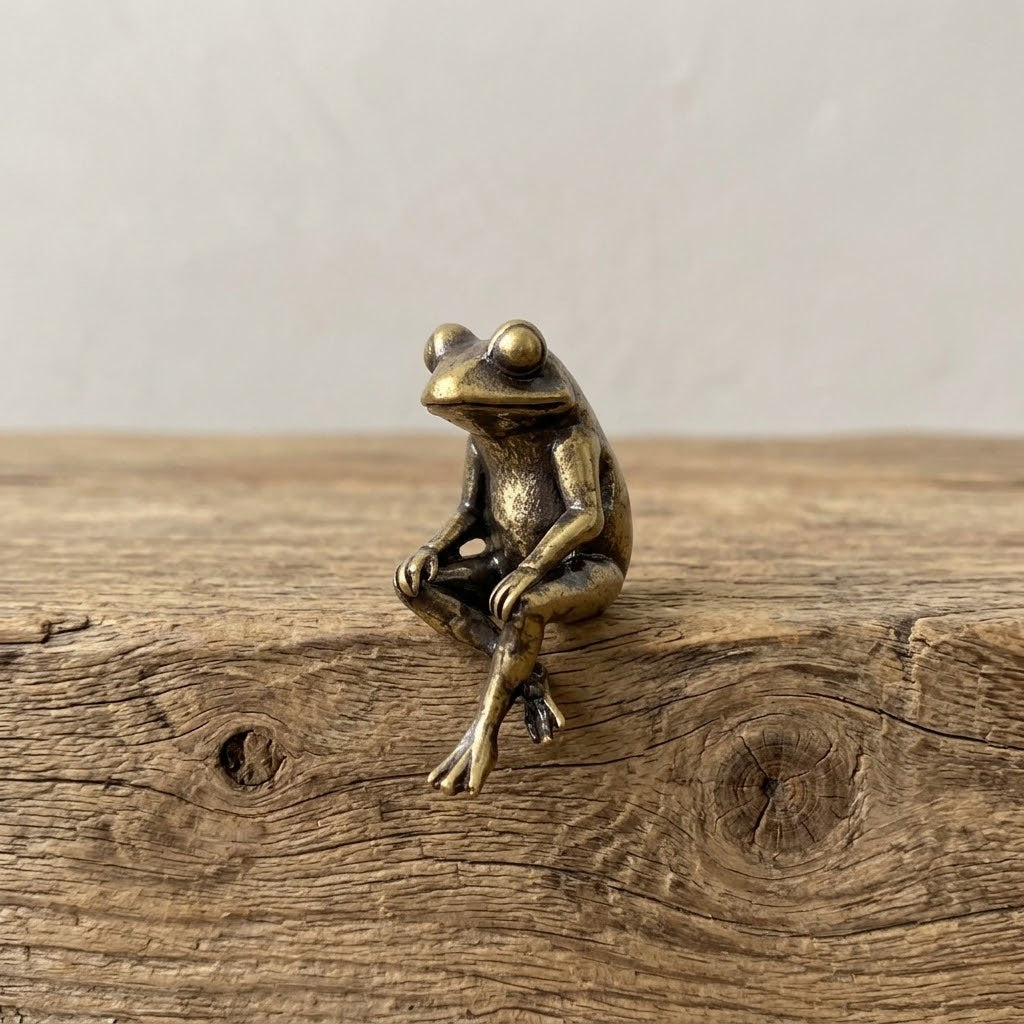 The Daydreamer miniature solid brass frog figurine perched on an edge with legs dangling, aged antique patina