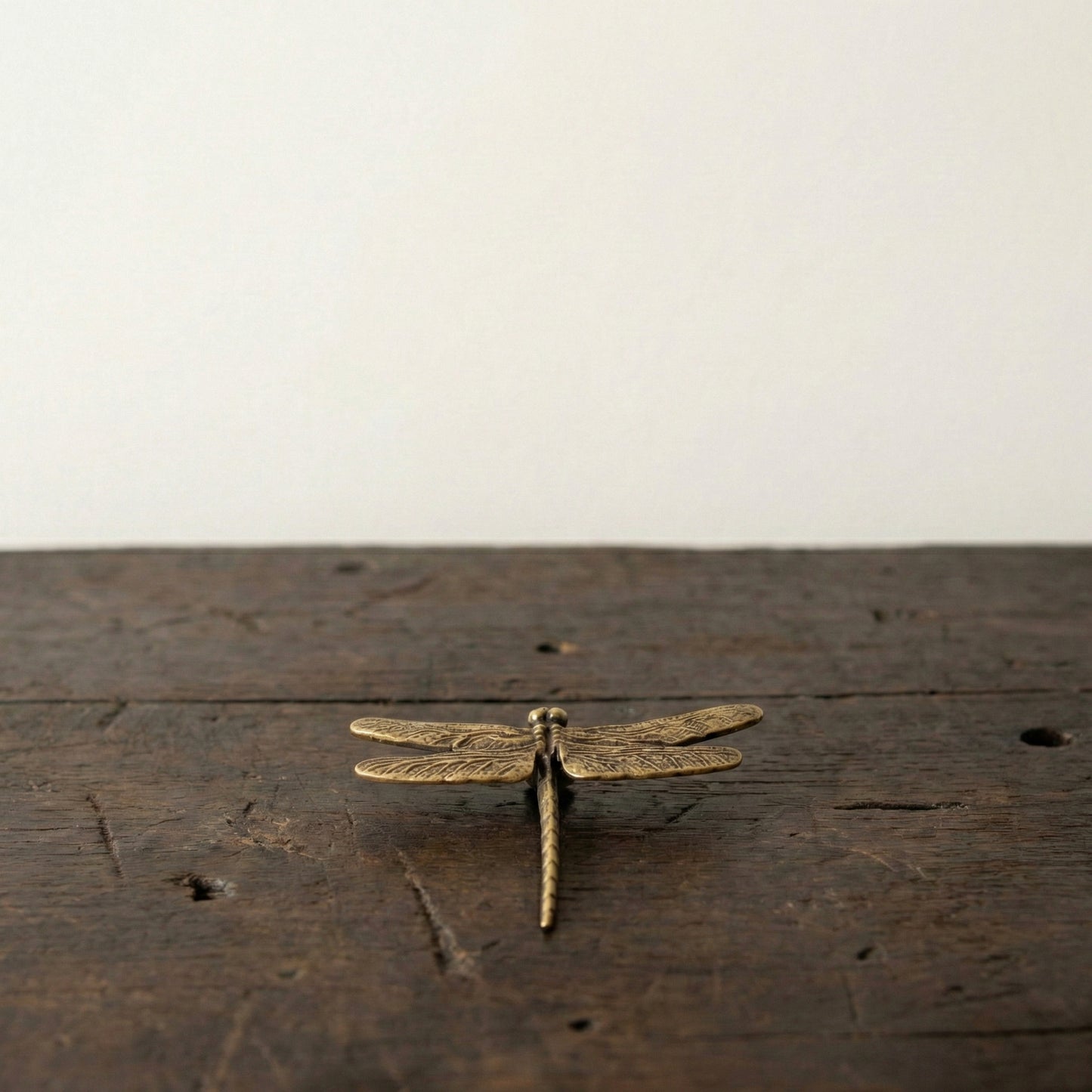 Close-up of The Dragonfly brass figurine showing wing vein detail and hand-cast texture
