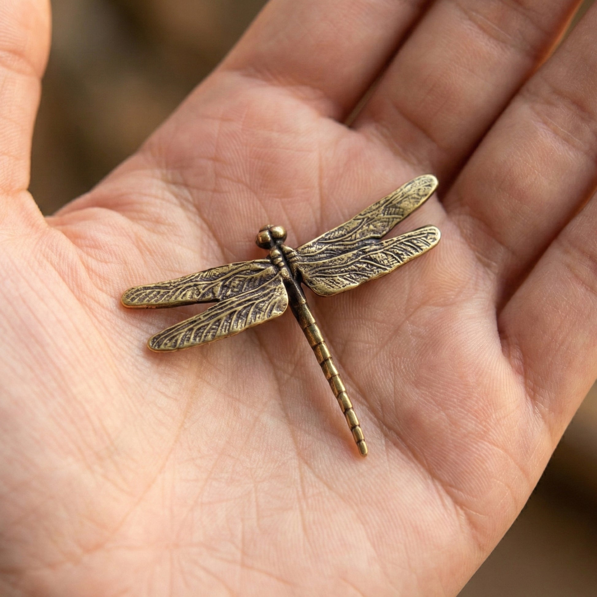 The Dragonfly miniature brass dragonfly figurine with wings spread showing detailed vein pattern, solid brass with aged patina, from WILLAGE Tiny Objects collection