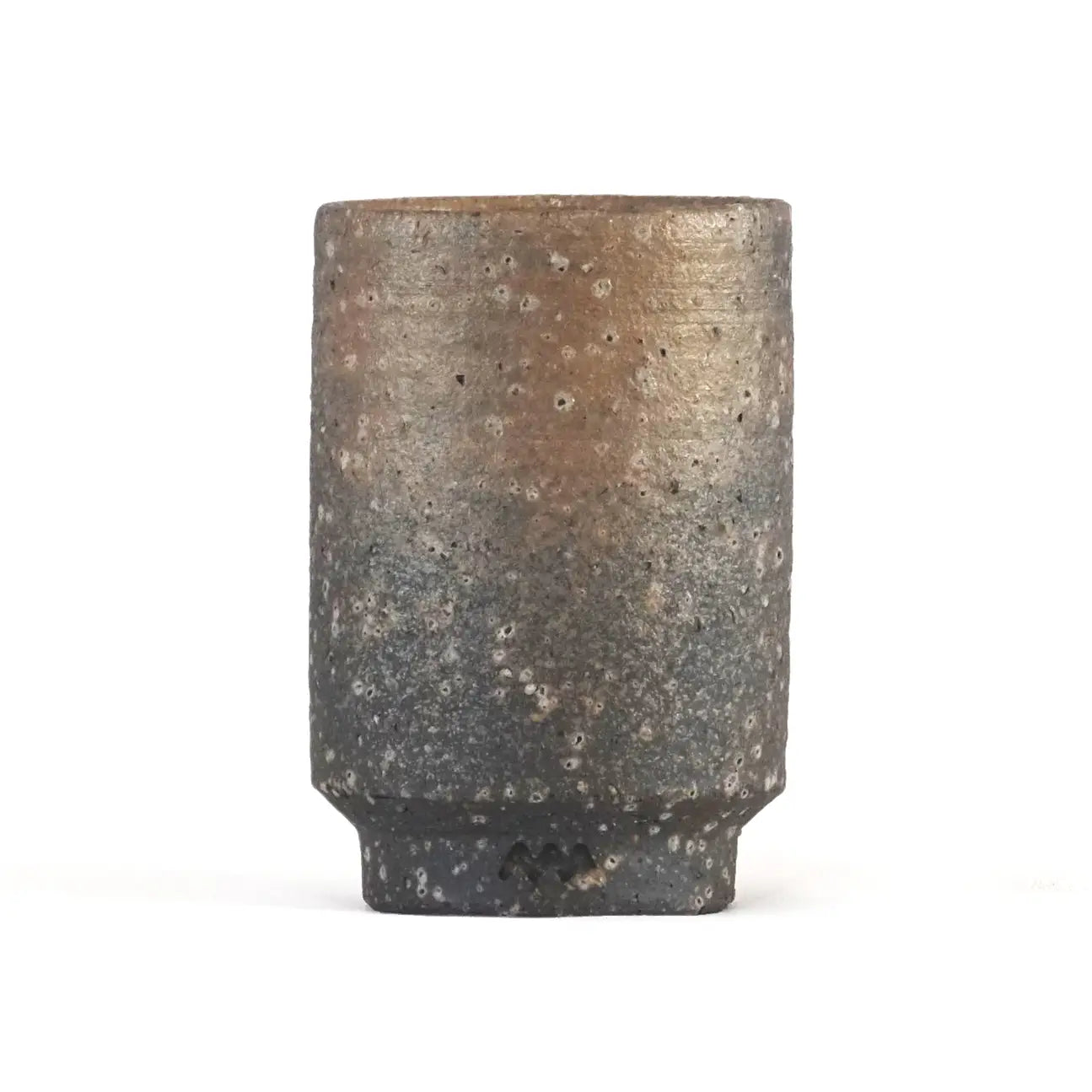 Large unglazed Iga ware stoneware cups showing the rough pebbled texture and tapered foot