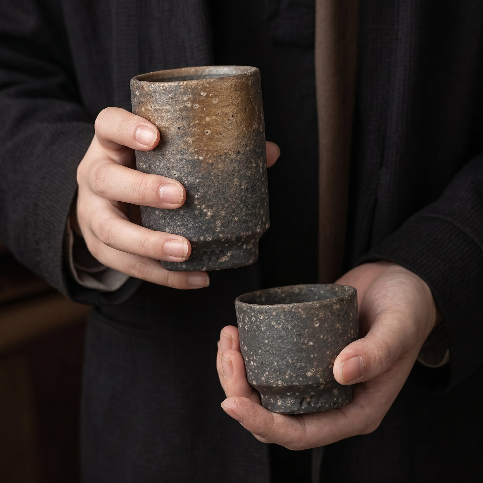 Two unglazed Iga ware stoneware cups — the taller large size and the shorter small size — held in two hands against dark linen clothing, showing the rough pebbled clay and warm bronze shimmer