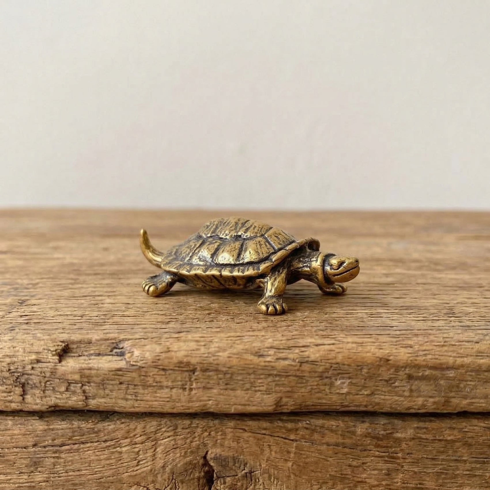 The Enduring Wayfarer miniature brass turtle figurine on a wooden surface, showing detailed shell texture and golden patina, from the WILLAGE Tiny Objects collection