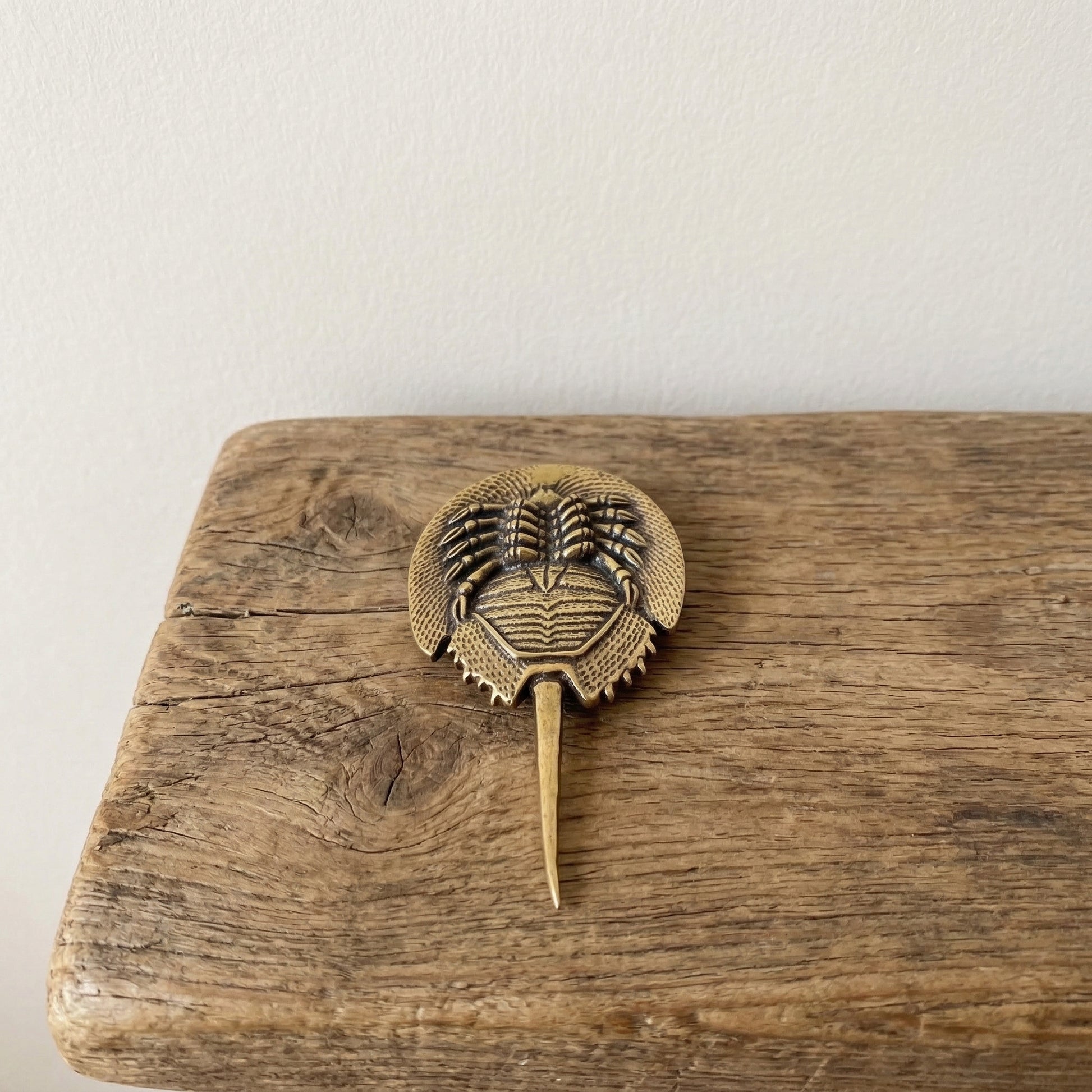 The Eternal Voyager miniature brass horseshoe crab showing underside detail and patina against a neutral background