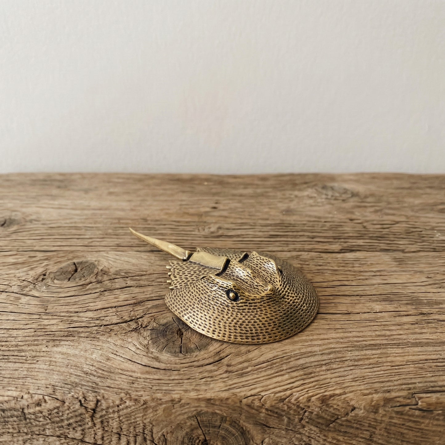 The Eternal Voyager miniature brass horseshoe crab held in hand to show scale, with detailed shell texture and golden patina