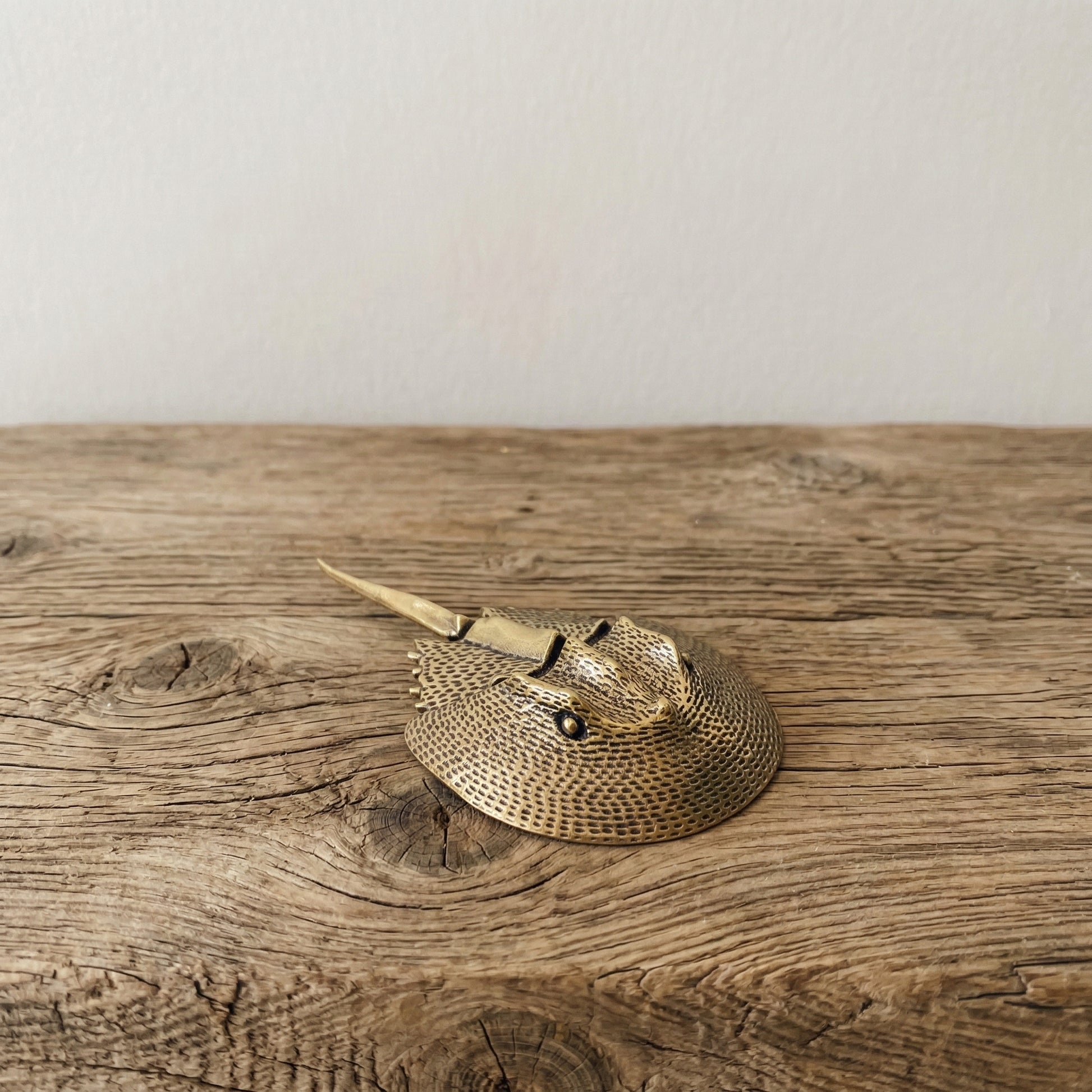The Eternal Voyager miniature brass horseshoe crab held in hand to show scale, with detailed shell texture and golden patina