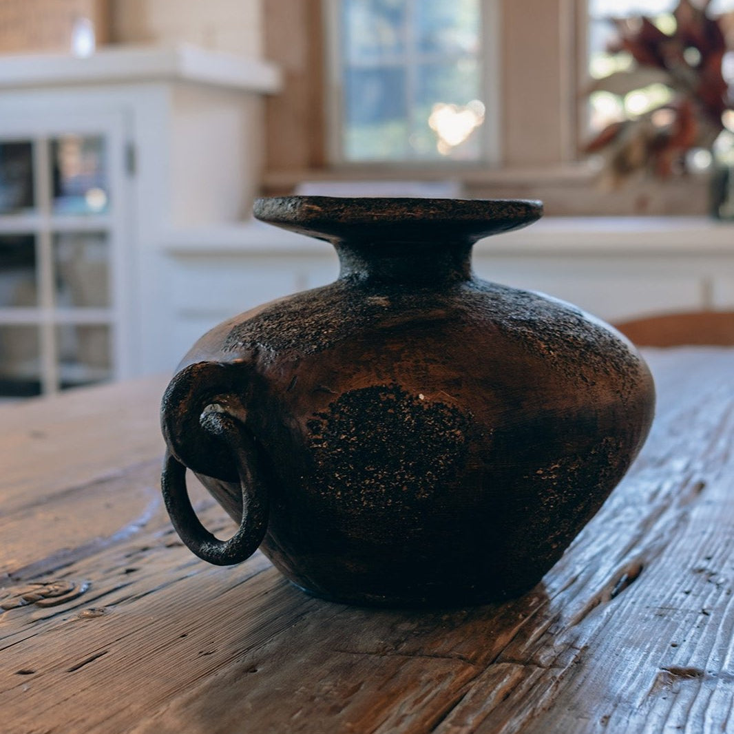 Handcrafted Indonesian terracotta decorative vessel styled in home interior, from WILLAGE