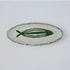 Green and red striped fish-shaped earthenware serving platter, hand-shaped and hand-painted by Club Bonheur in Belgium