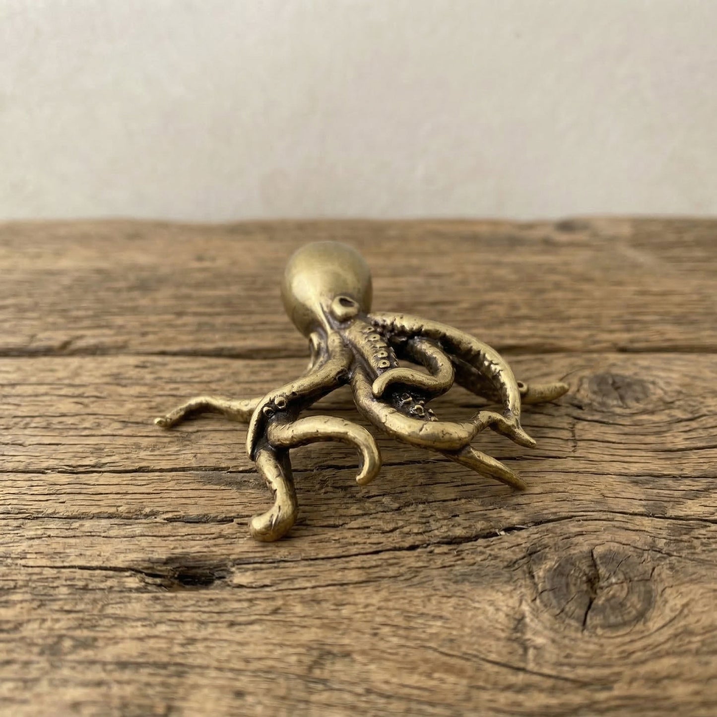 The Fluid Intellect miniature brass octopus showing detailed tentacles and golden patina against a neutral background