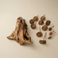 The Forest Pulse wooden mushroom wall art showing individual carved mushroom caps and natural wood texture