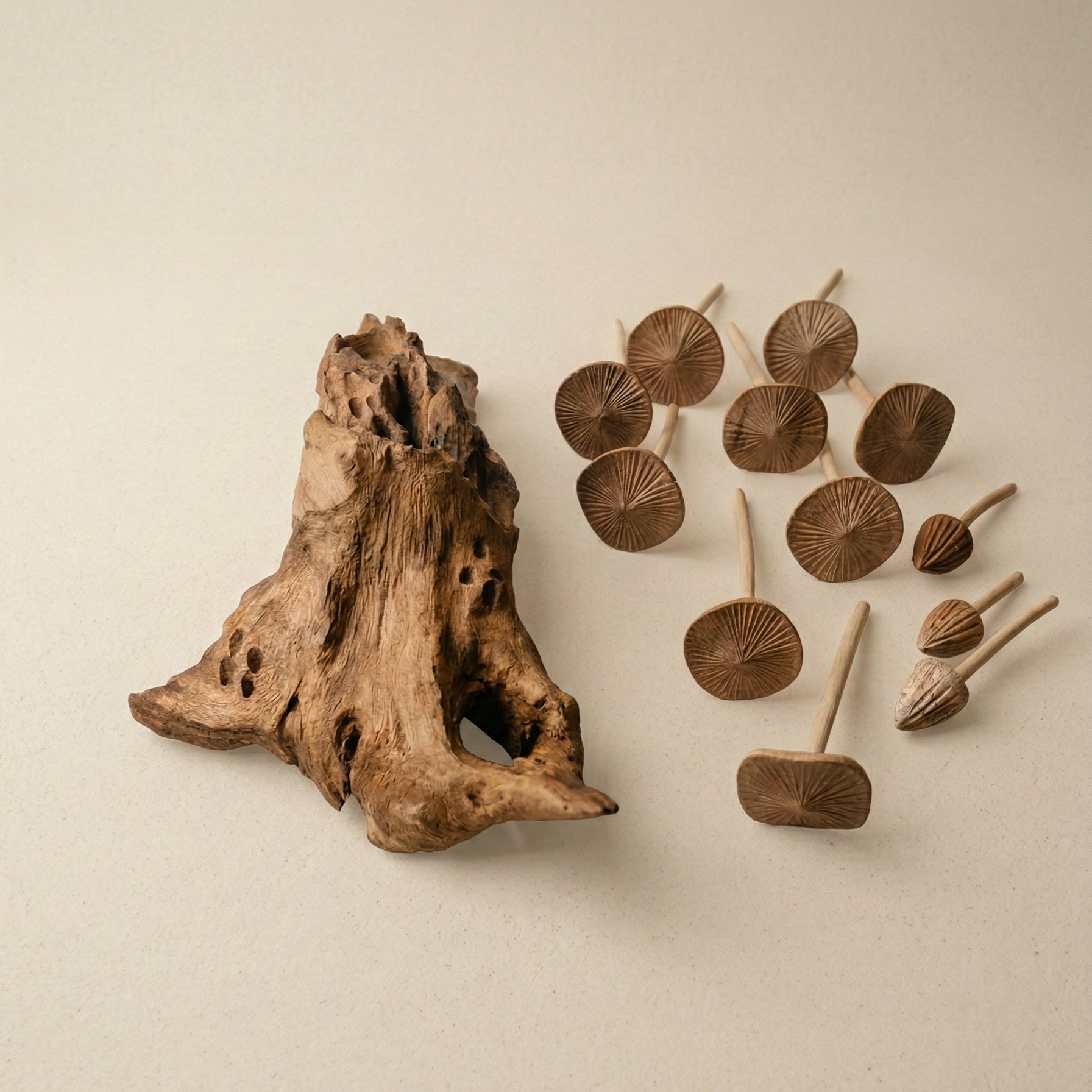 The Forest Pulse wooden mushroom wall art showing individual carved mushroom caps and natural wood texture