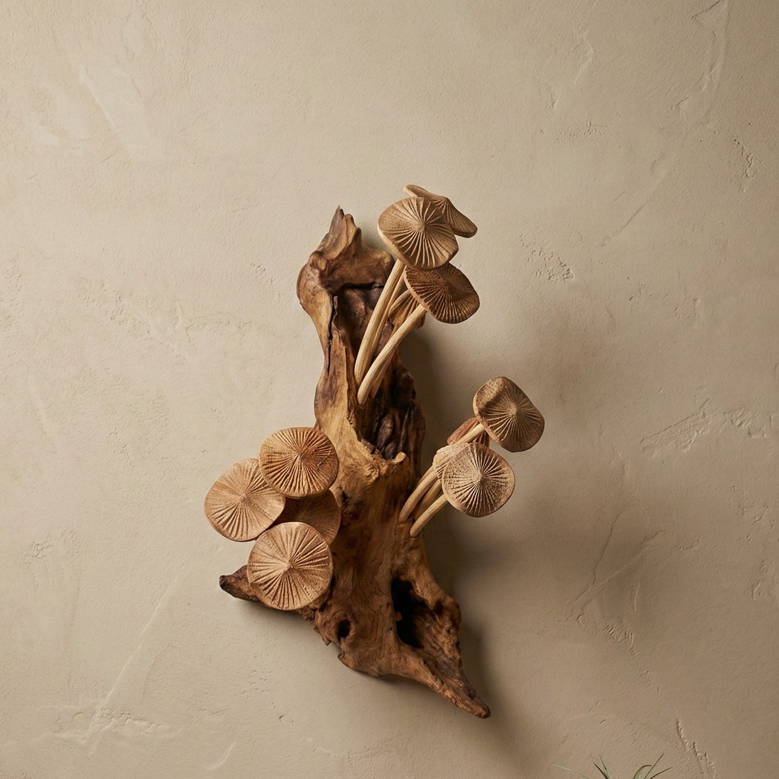 The Forest Pulse hand-carved wooden mushroom wall art showing cluster of natural wood mushrooms with visible grain and rustic finish, from WILLAGE