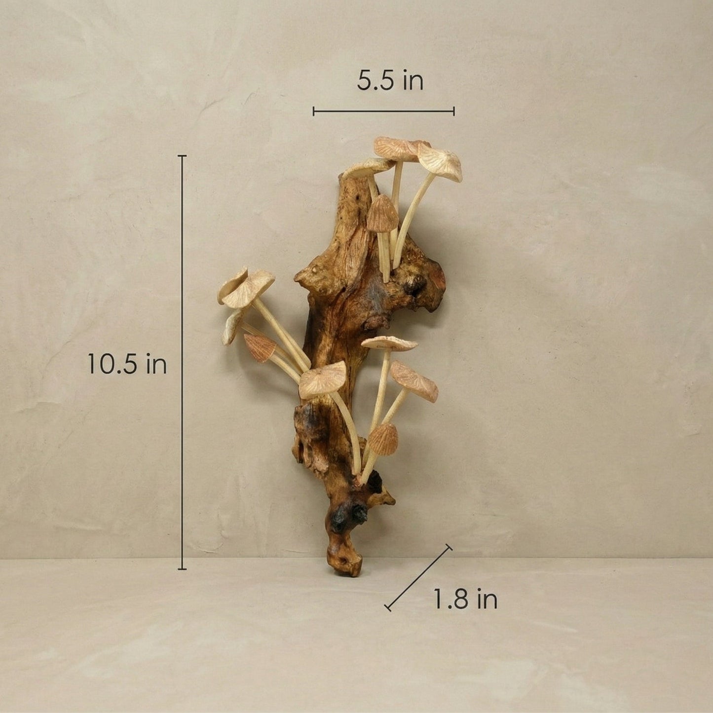 The Forest Pulse hand-carved mushroom wall art from a side angle showing depth and natural wood grain variations