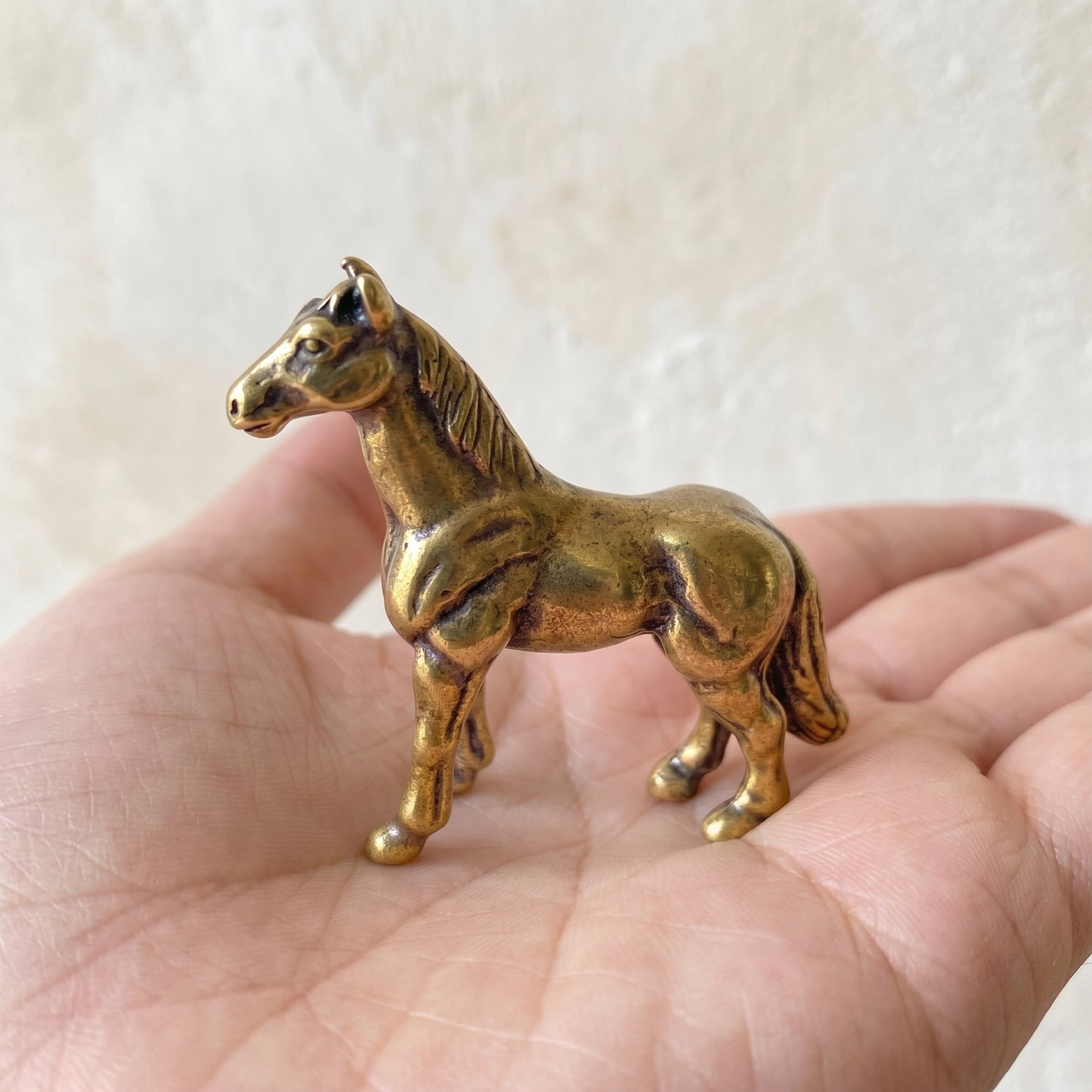 Three-quarter view of The Free Rein brass horse figurine standing square on a grey surface