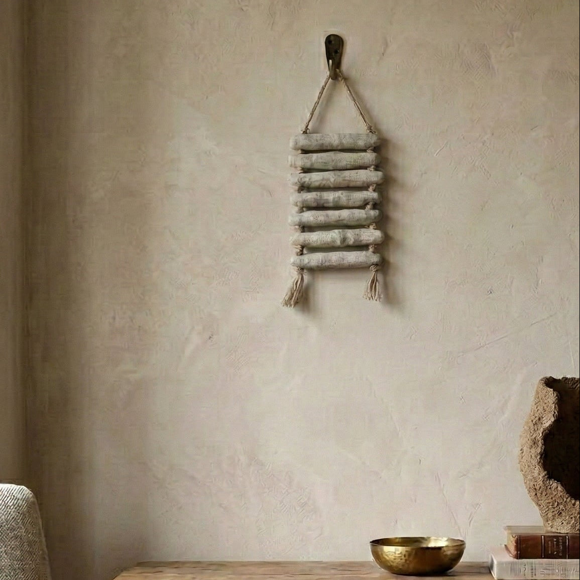 The Gathered Earth Wall Hanging close-up showing unglazed clay rung texture with speckled grit and earth tones