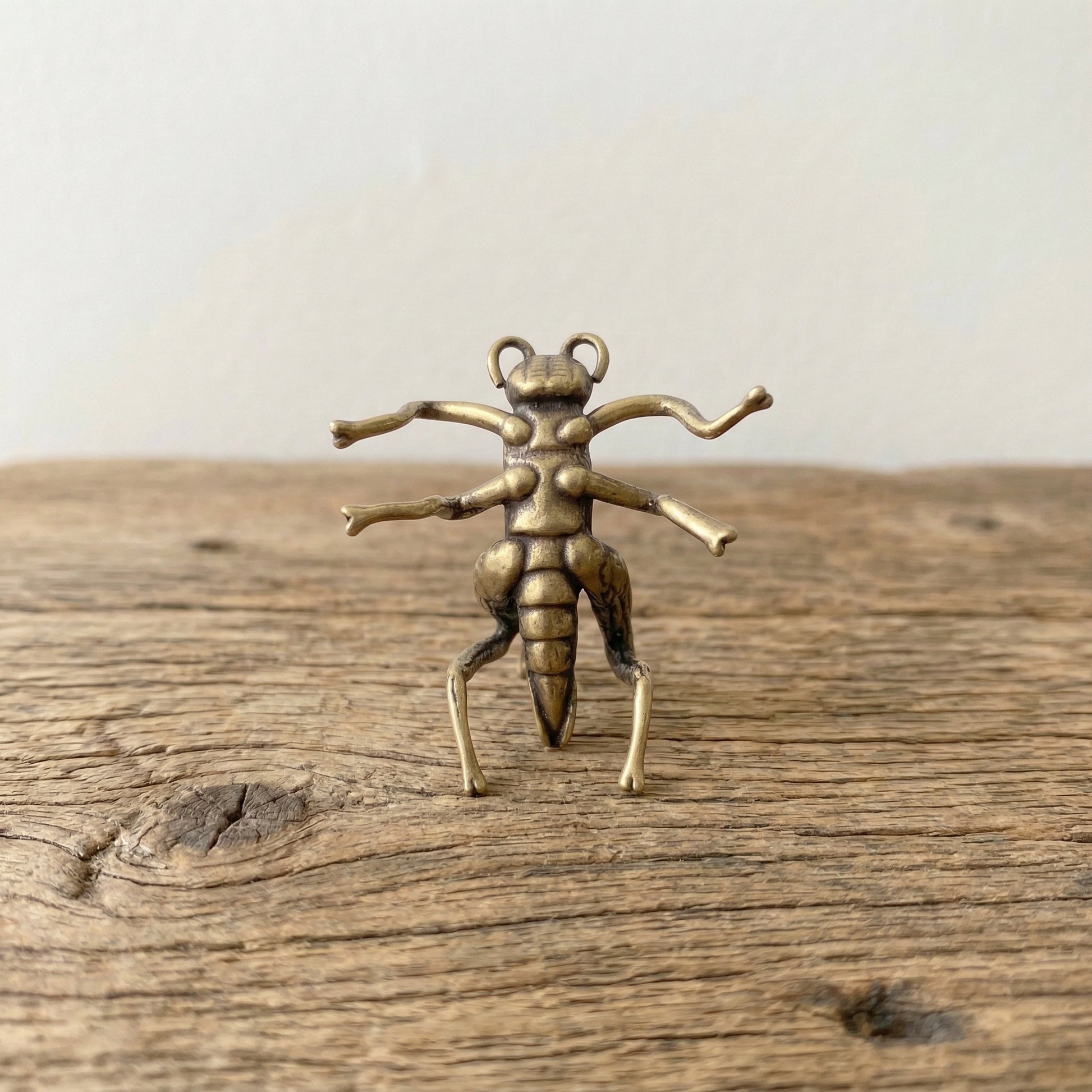 The Golden Messenger miniature brass cricket held in hand to show scale, with detailed wings and golden patina