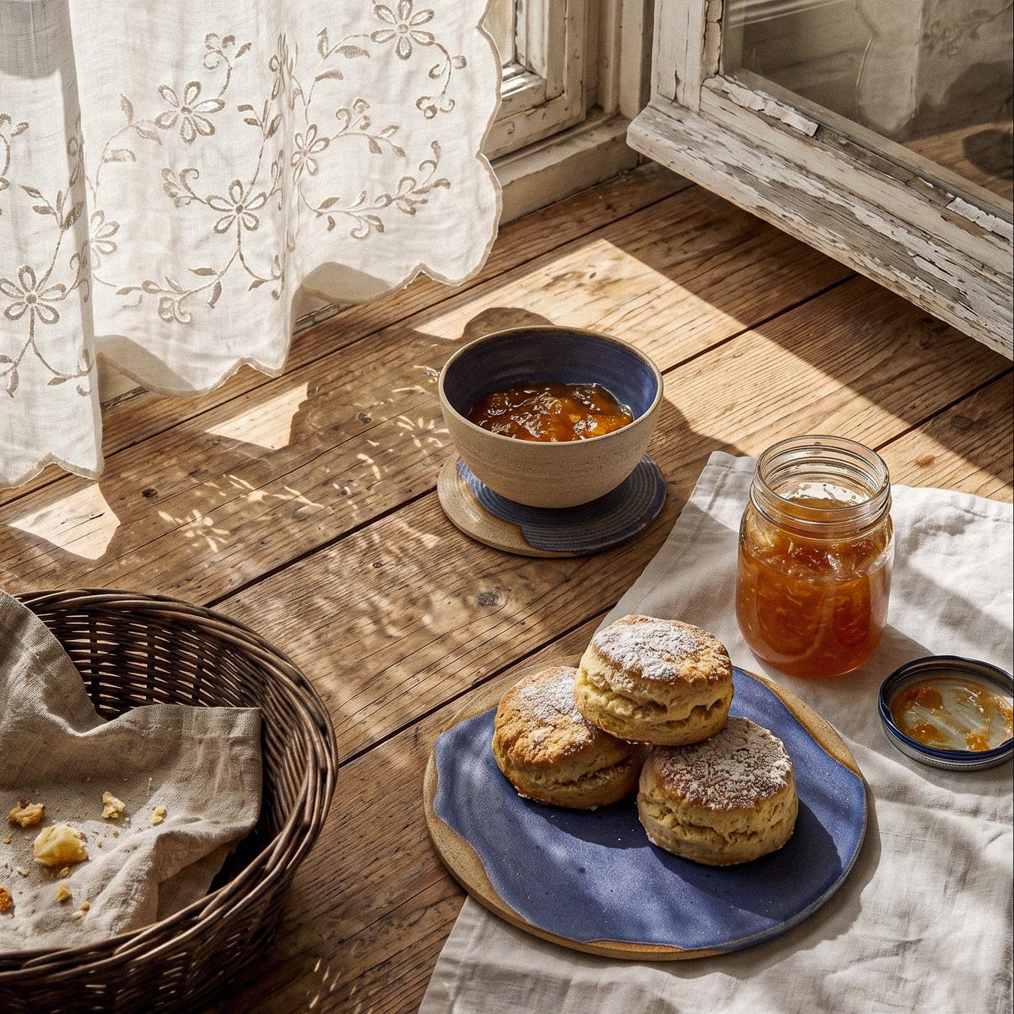 Blue stoneware plates holding scones, figs and jam on a sunlit wooden table beside a bread basket and a bowl of yoghurt and berries