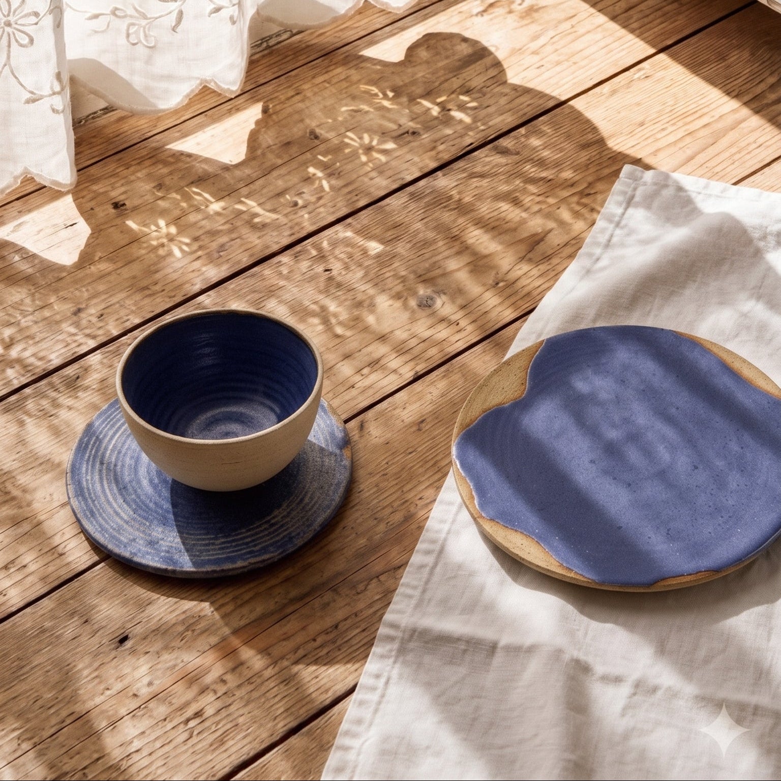 	Blue stoneware plates holding scones, figs and jam on a sunlit wooden table