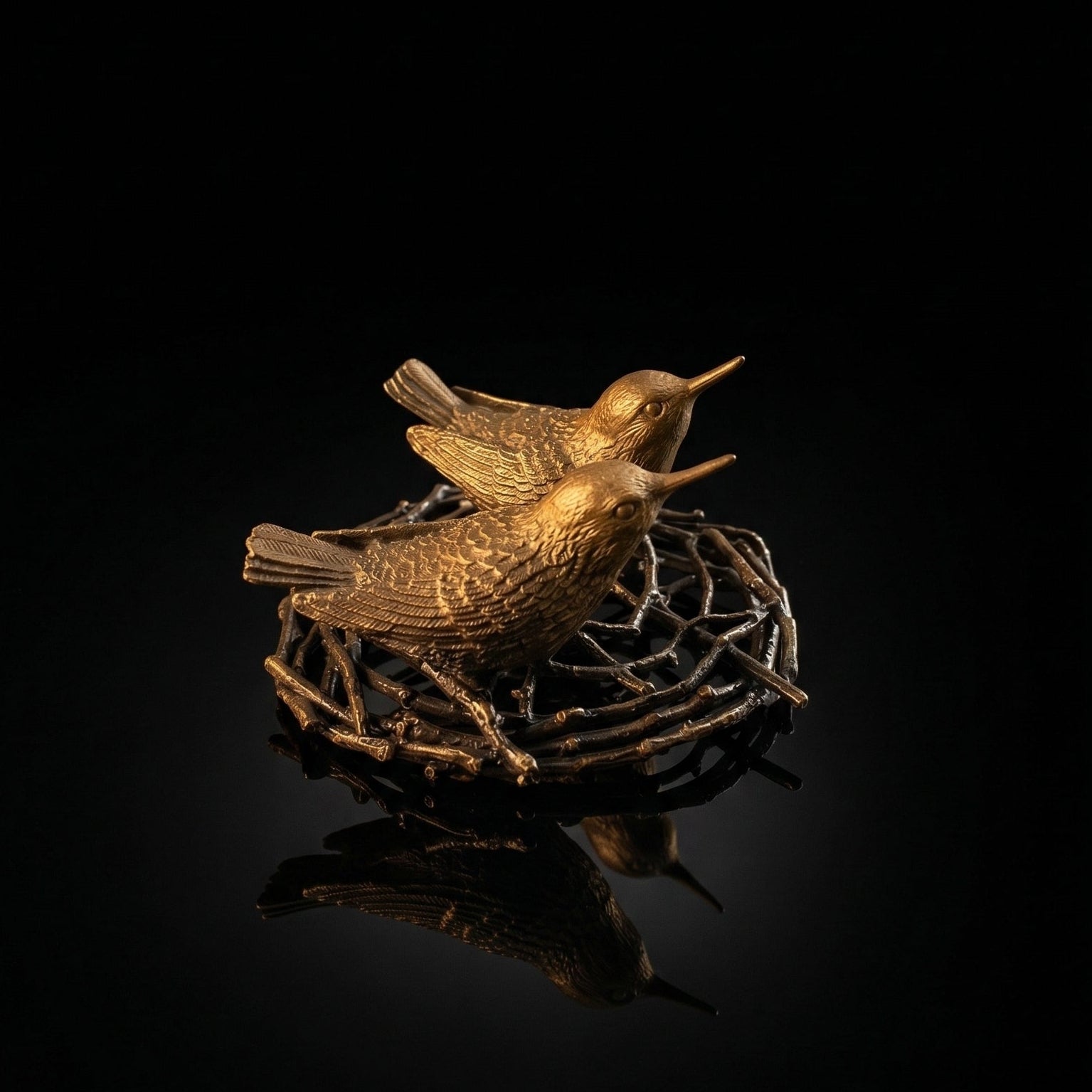 Hummingbird salt and pepper tray in cast pewter with antique brass patina on reflective black surface