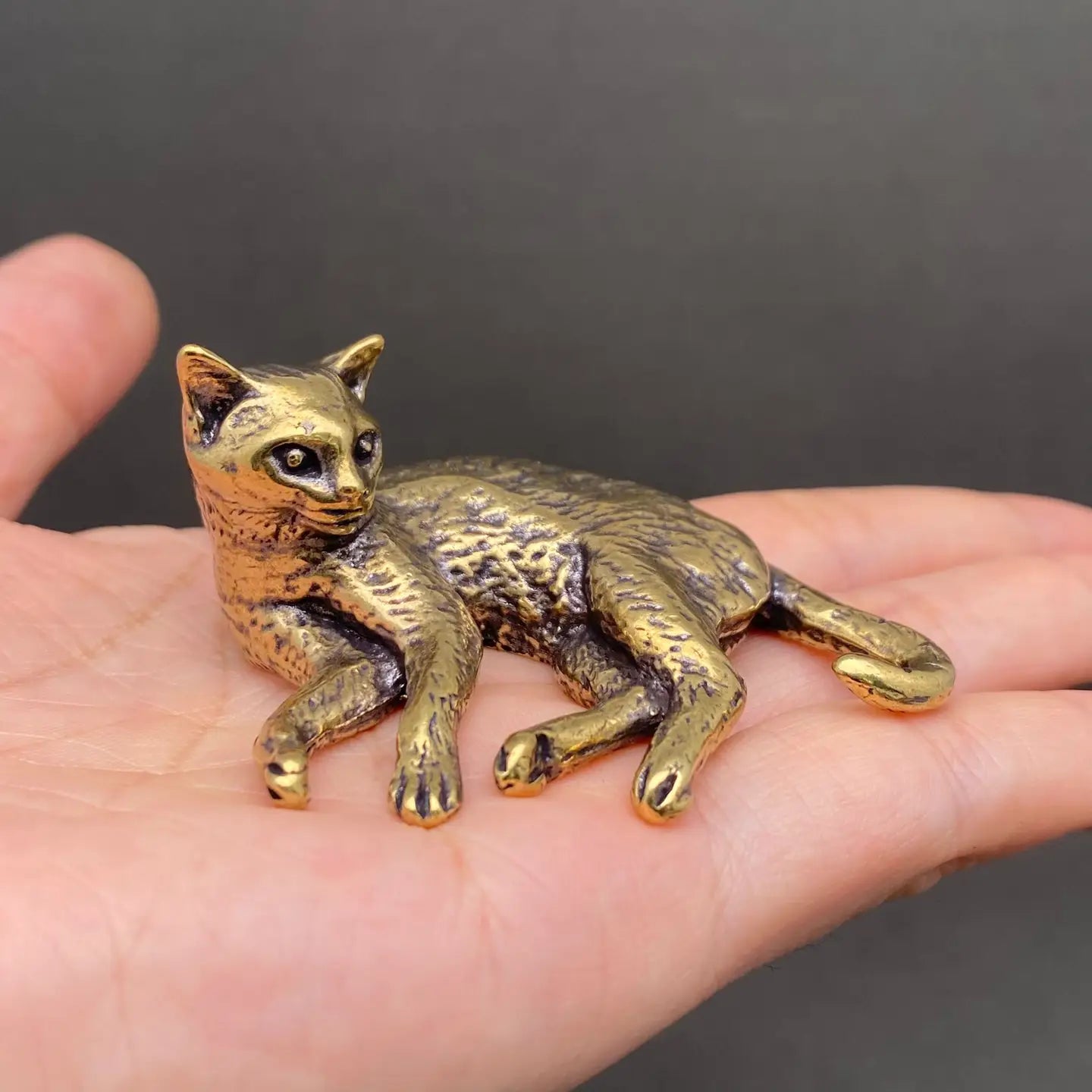 Small brass cat figurine lying relaxed in an open palm, showing its palm-sized scale and antique patina